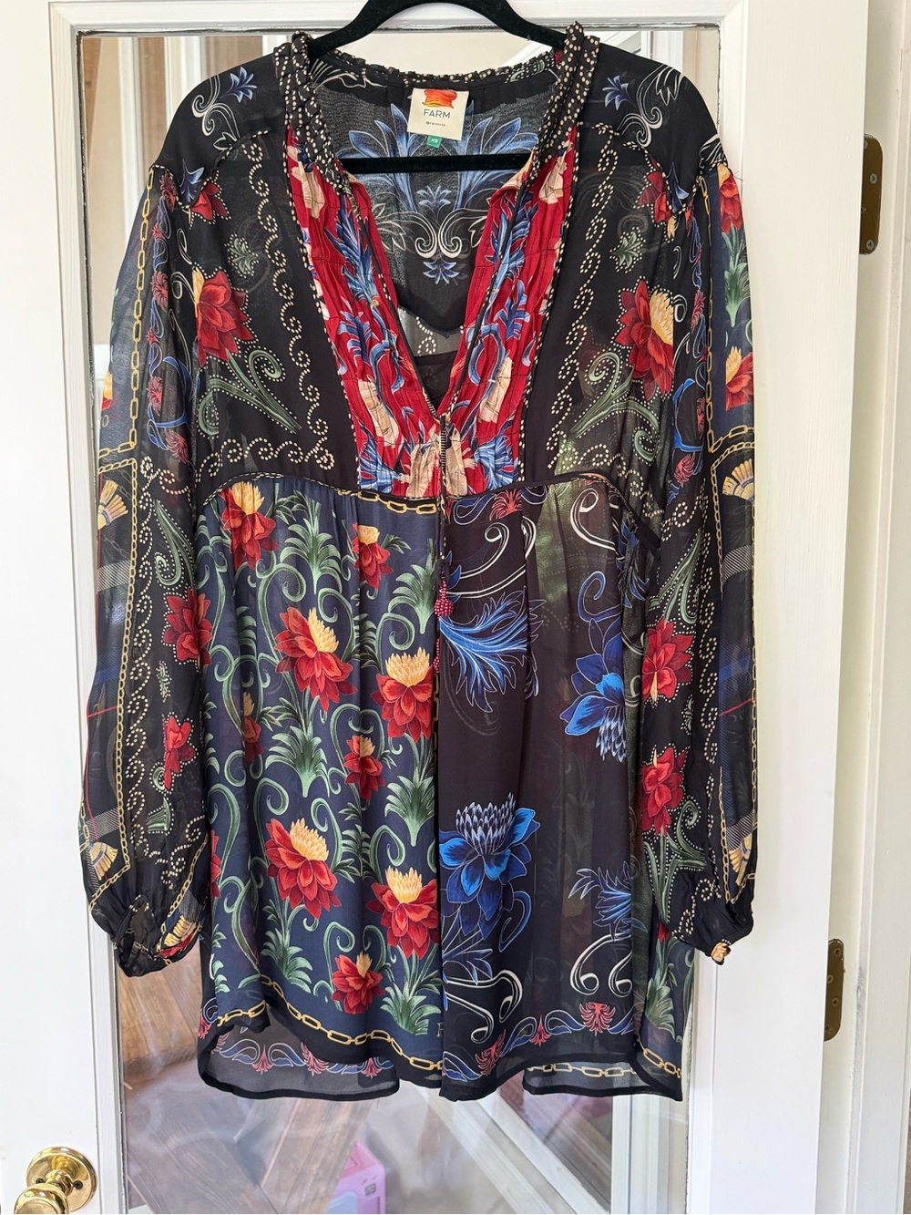 FARM Rio Black Multi Floral V-Neck Boho style Tunic EUC . XS - Picture 4 of 7